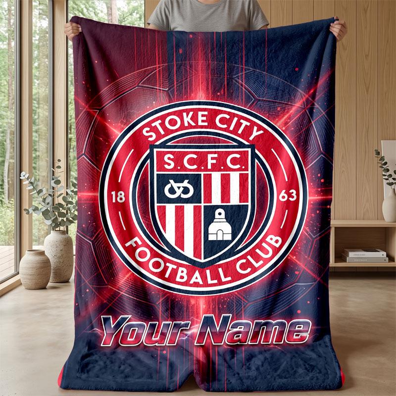 Фланелевое одеяло Stoke City FC с индивидуальным текстом и логотипом футбольного клуба Мягкое флисовое покрывало на диван или кровать Персональный подарок для дома