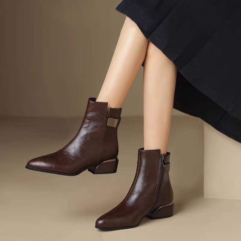 Женские ботинки Мартин, новые женские ботинки, осенне-зимние кожаные ботинки, остроносые, в британском стиле, на низком каблуке, коричневые, тонкие ботинки