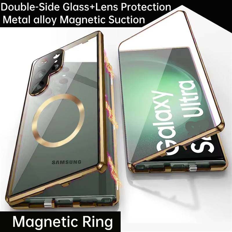 Чехол для Samsung Galaxy S21 S22 S23 Ultra, с двухсторонними магнитными чехлами из закаленного стекла, Magsafe, крышка с металлическим бампером с магнитной адсорбцией