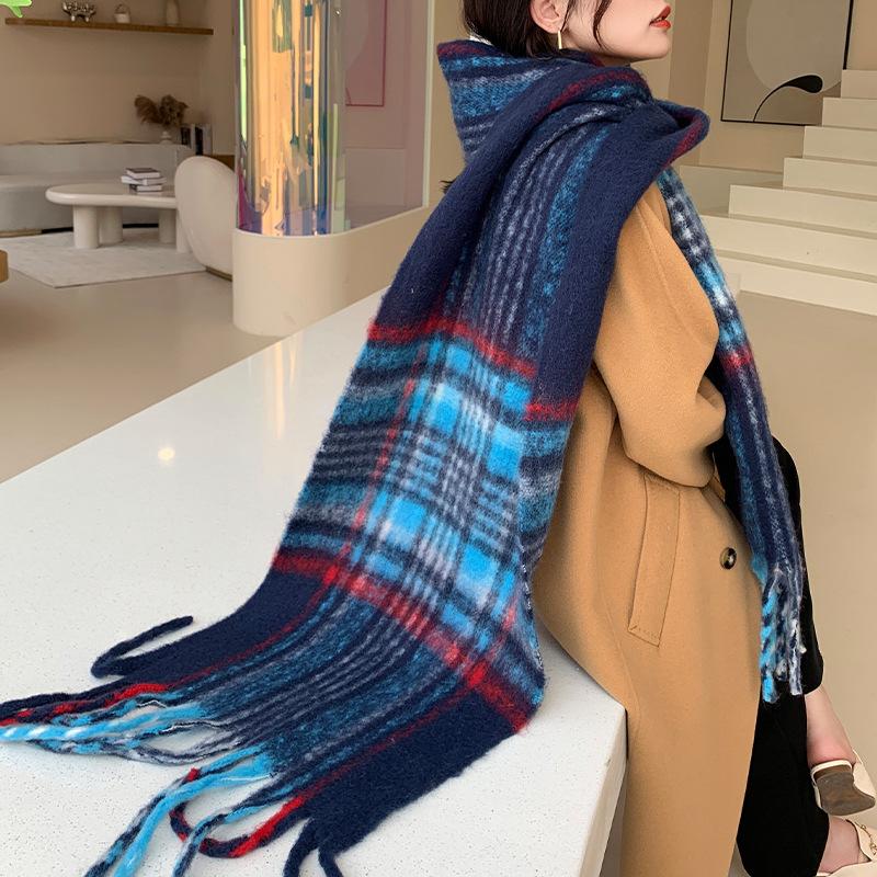 Winter New Scarf Women's Winter Thickened Warm Scarf Colored Plaid Fringed Scarf Shawl Fashionable Outer Cover
