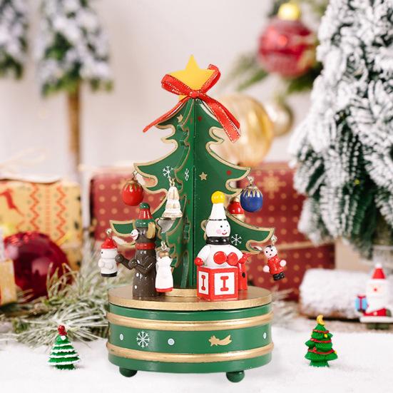 Wooden Christmas Tree Music Box Rotating Music Box Holiday Desktop Figurine for
