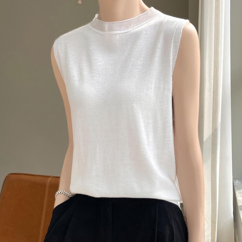 2024 Spring/Summer Women's Sleeveless Thin Knitted Sweater - Half Turtleneck Pullover Vest