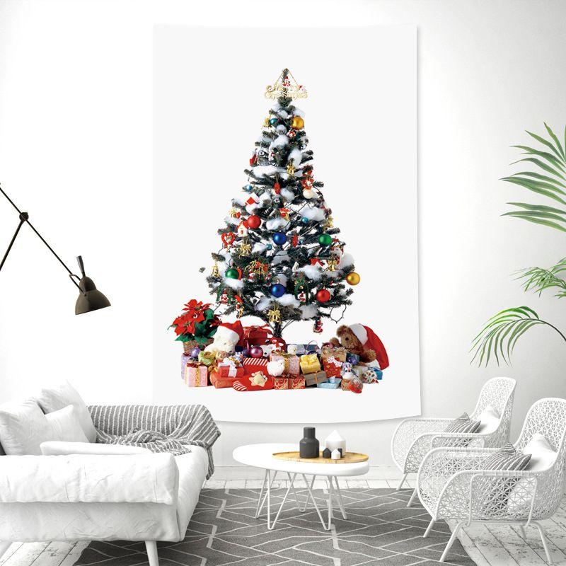 White Realistic Christmas Tree Wall Tapestry Gold Red Ornament Ball Tinsel Gift Box Bow Minimalist Holiday Aesthetic Home