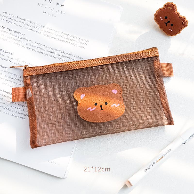 Пенал с милым медведем, сумка для ручек, прозрачная сетчатая упаковка, сумка для хранения кофейного цвета для канцелярских принадлежностей, офисных школьных принадлежностей