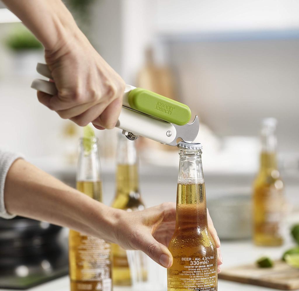 Joseph Joseph Pivot 3-в-1 Открывалка для консервных банок из нержавеющей стали, Открывалка для бутылок и Открывалка для банок с ключом, Белый/Зеленый, 20172 [Оригинал]