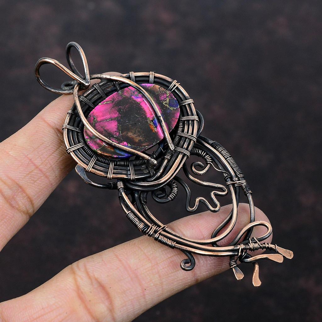 Натуральный Кингман Розовая Далия Бирюза Подвеска Медная проволока Обмотанные украшения Ручной работы Подвеска с драгоценным камнем Медная подвеска Подарок для мамы Подвеска из проволоки