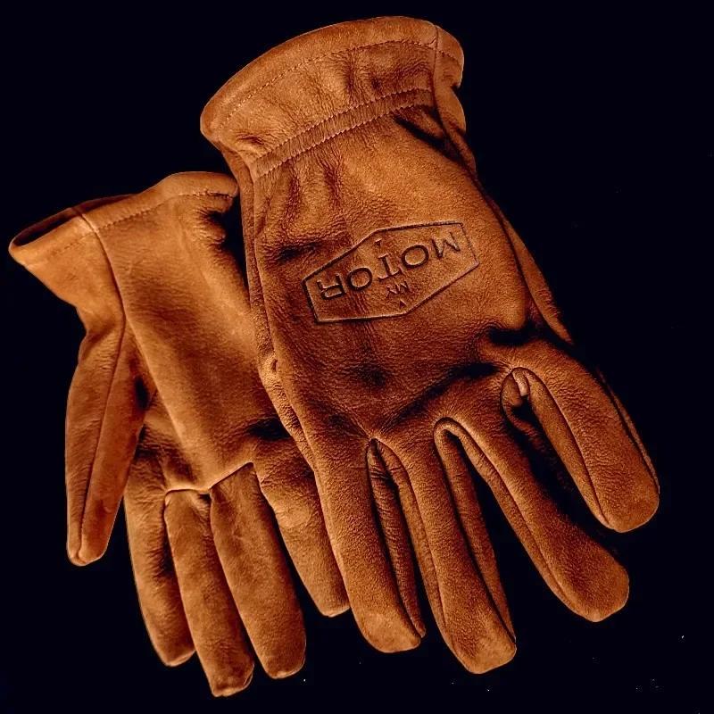 Vintage Frosted Cowhide Leather Motorcycle Gloves for Men Women Driving Accessories Warm Work Glove Dirtbike MX Motocross Items