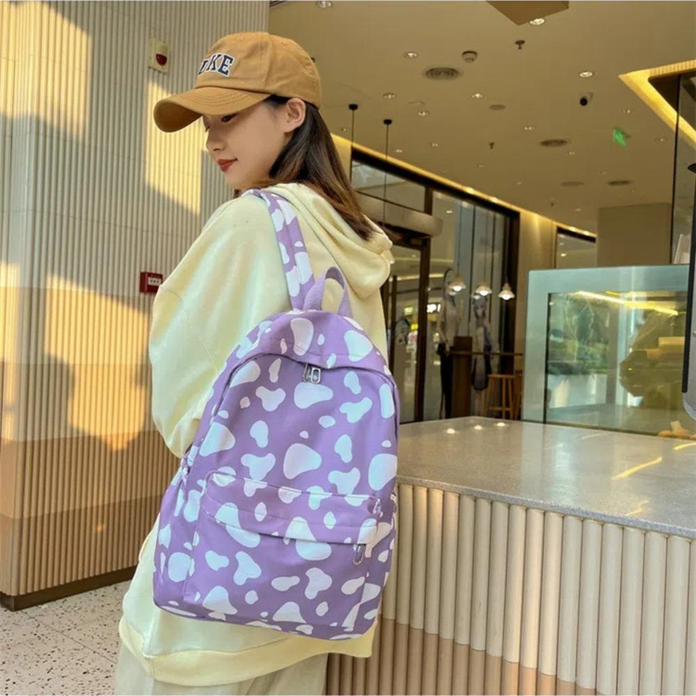 Portable Cow Pattern Student Backpack Nylon Large Capacity Teenage Bookbag Wear Resistant Travel Backpack Students