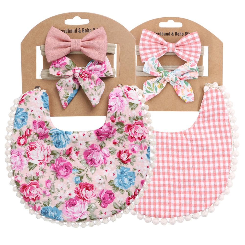 2 Sets/Lot Flower Print Embroidery Baby Bibs Headbands Bow Tie Scarf Bandana Double Side Toddler Saliva Towel Feeding Burp Cloth