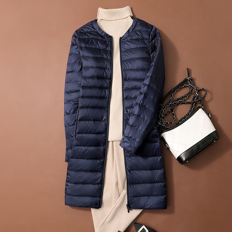 Womens Lightweight Down Coat Mid-Length Round Neck Solid Color Outerwear Winter