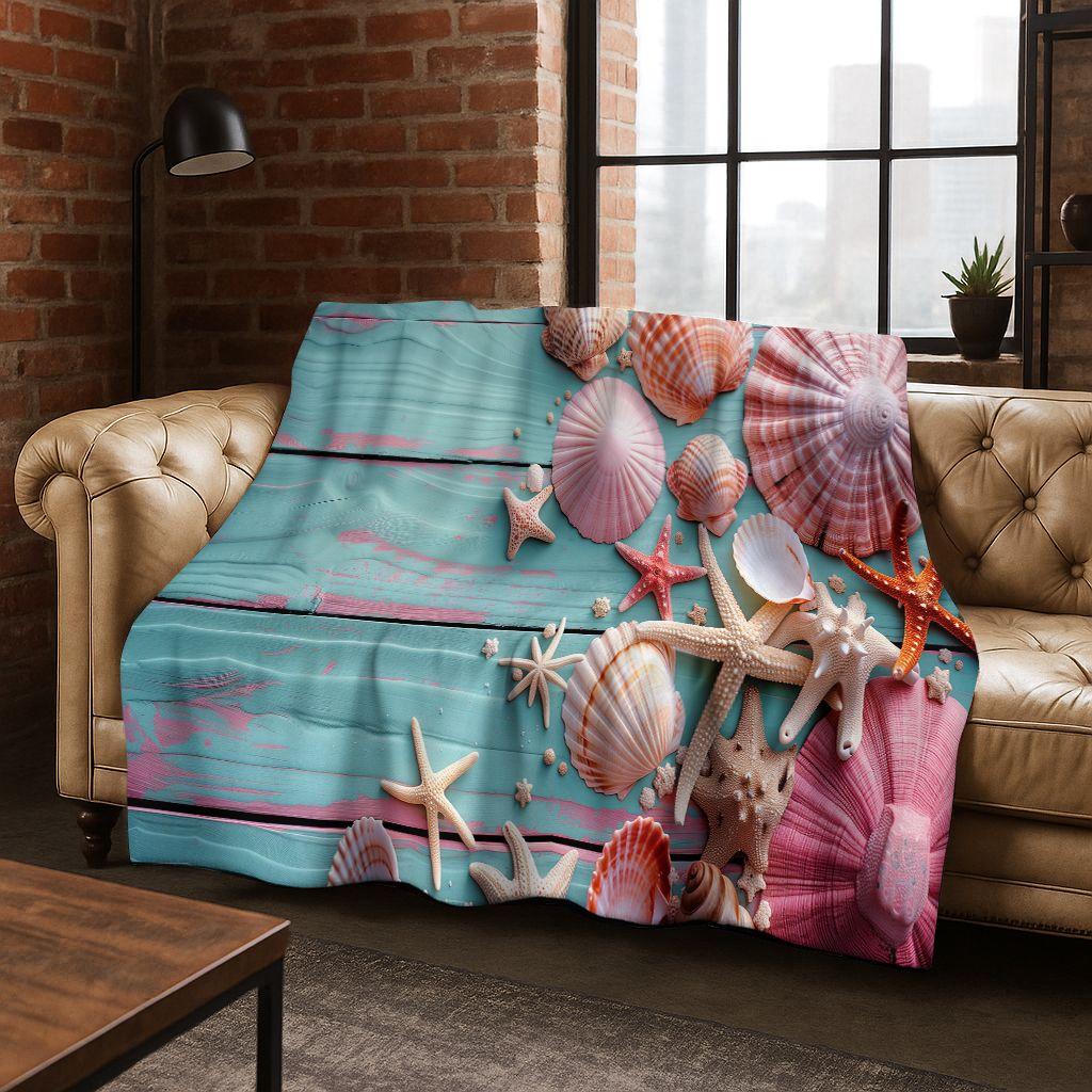 Плед Фланелевый Звезда Морская Ракушка Тропический Пляж Звезда Морская Арт, Уютный Мягкий Плед для Дома Спальни Кровати Дивана, Подарок