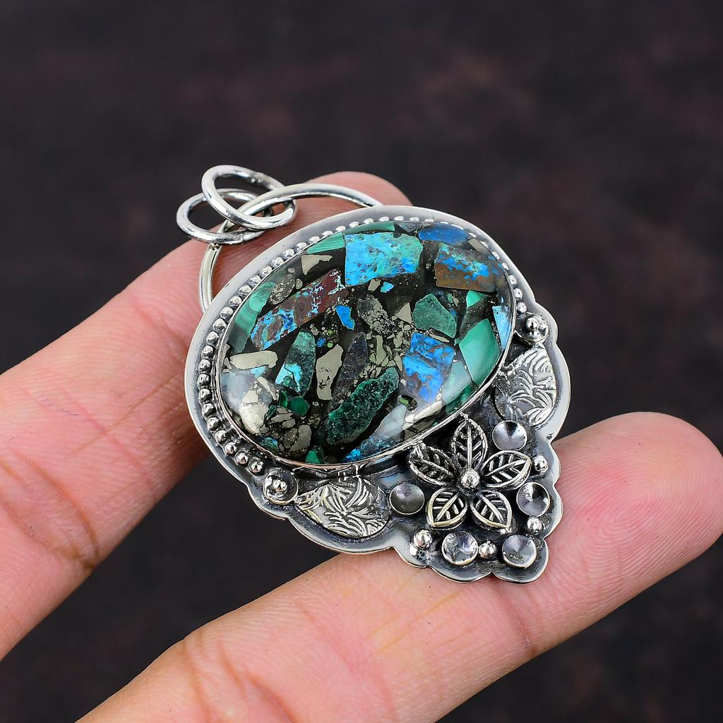 Медь Азурит Малахит Кулон Ювелирные Изделия из Натурального Драгоценного Камня Стерлингового Серебра 925 Кулон Ручной Работы Уникальный Дизайн Кулон Цветочные Ювелирные Изделия Для Подарка