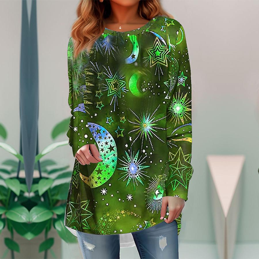 Plus Size Women's Colorful Starlight Print Comfortable Long Sleeve Round Neck T-shirt Christmas Casual Baggy Mid Length T-shirt