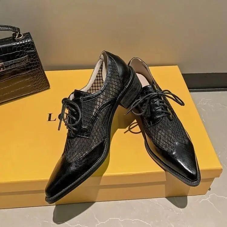 2024 Genuine Cow Leather Oxfords Women Shoes Lace-Up Ladies Brogue Flat Derby Shoes Pointed Toe Lace-up Heels Women Shoes for Women