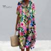 Женское платье с цветочным принтом, платье с коротким рукавом и v-образным вырезом, летнее повседневное платье трапециевидной формы, пуловеры в богемном стиле, платье для вечеринки, повседневная одежда, отпуск