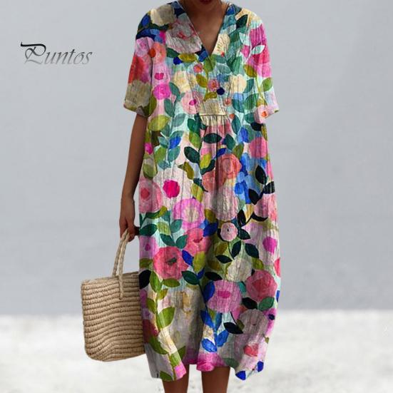 Женское платье с цветочным принтом, платье с коротким рукавом и v-образным вырезом, летнее повседневное платье трапециевидной формы, пуловеры в богемном стиле, платье для вечеринки, повседневная одежда, отпуск