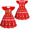Kids Girls Cartoon Santa Claus Christmas Tree Elk Print Ruffle Sleevess New Year Dress