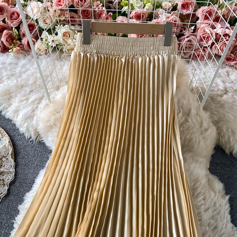 Лето Осень Женская Элегантная Атласная Высокая Талия Длинная Макси Плиссированная Юбка