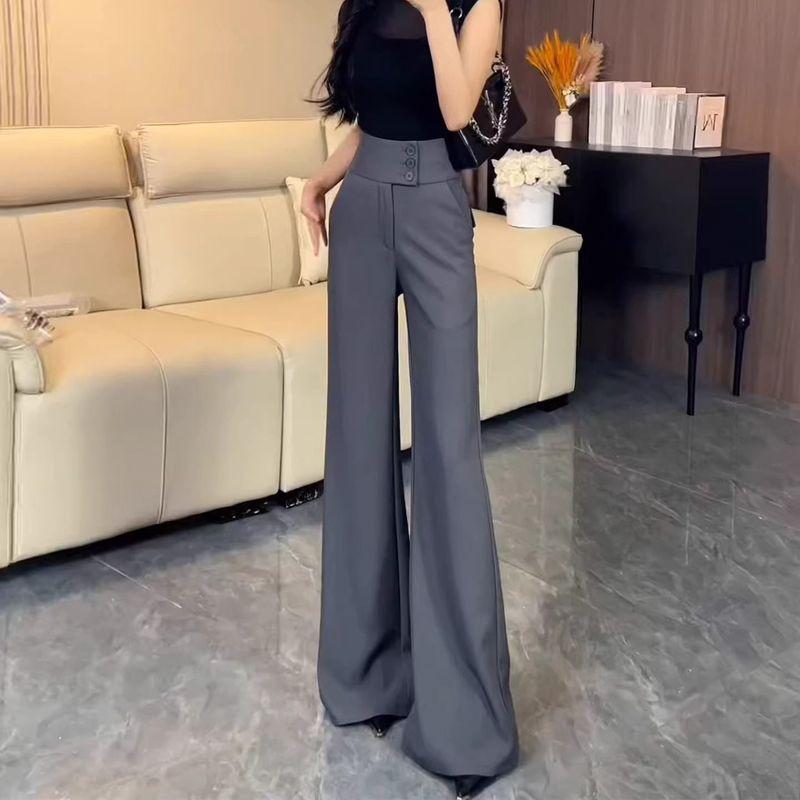 Элегантные черные расклешенные брюки-костюм для женщин, новый стиль Лето 2026, Высокая талия, Стройнящие, Мягко драпирующиеся, Длинные брюки-клеш до пола