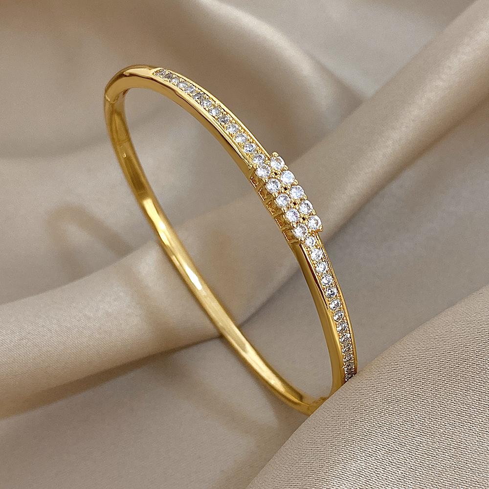 Flashbuy Gold Color Chic Inlaid Zircon Copper Bangle Bracelet For Women Statement New Design Temperament Wrist Fashion Zircon