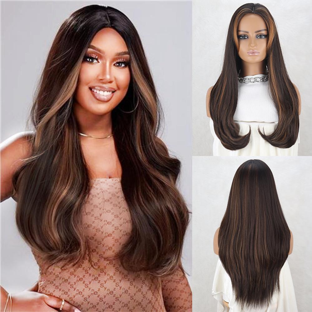 MISS WIG Синтетический коричневый длинный волнистый парик с выделением средней части, натуральный волнистый парик для женщин, повседневное вечернее использование