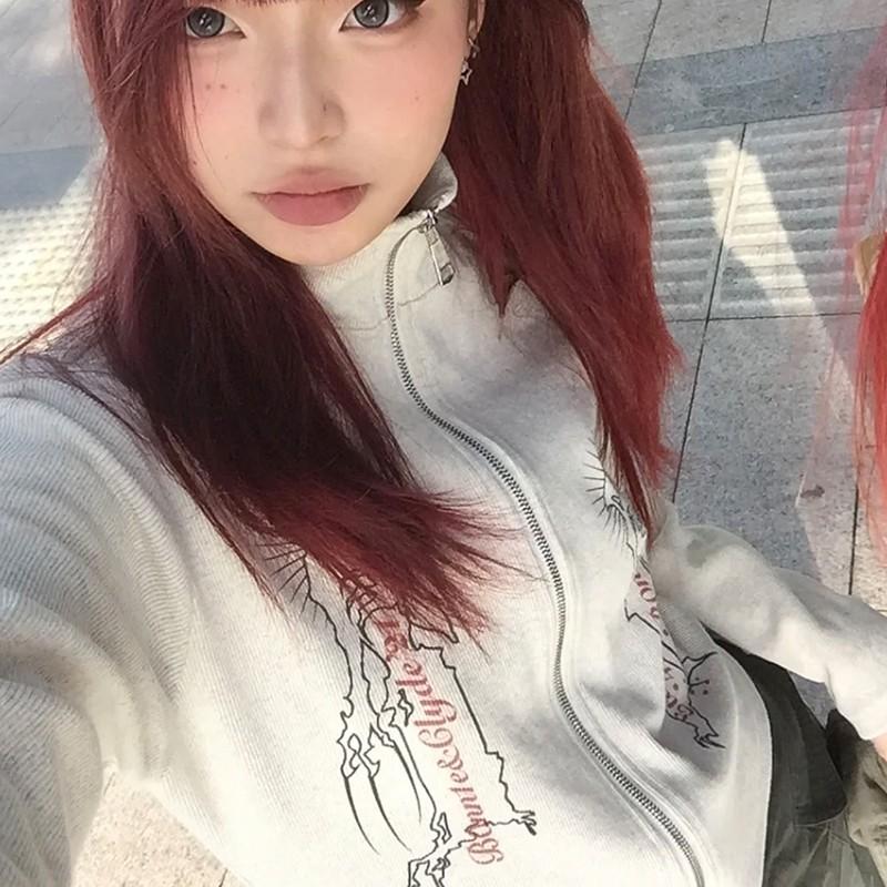 2KWEIRD Harajuku Turtleneck Cardigan Vintage Grunge Print Jacket Fairycore Y2k Ribbed Cardigans E-girl Graphic Clothes