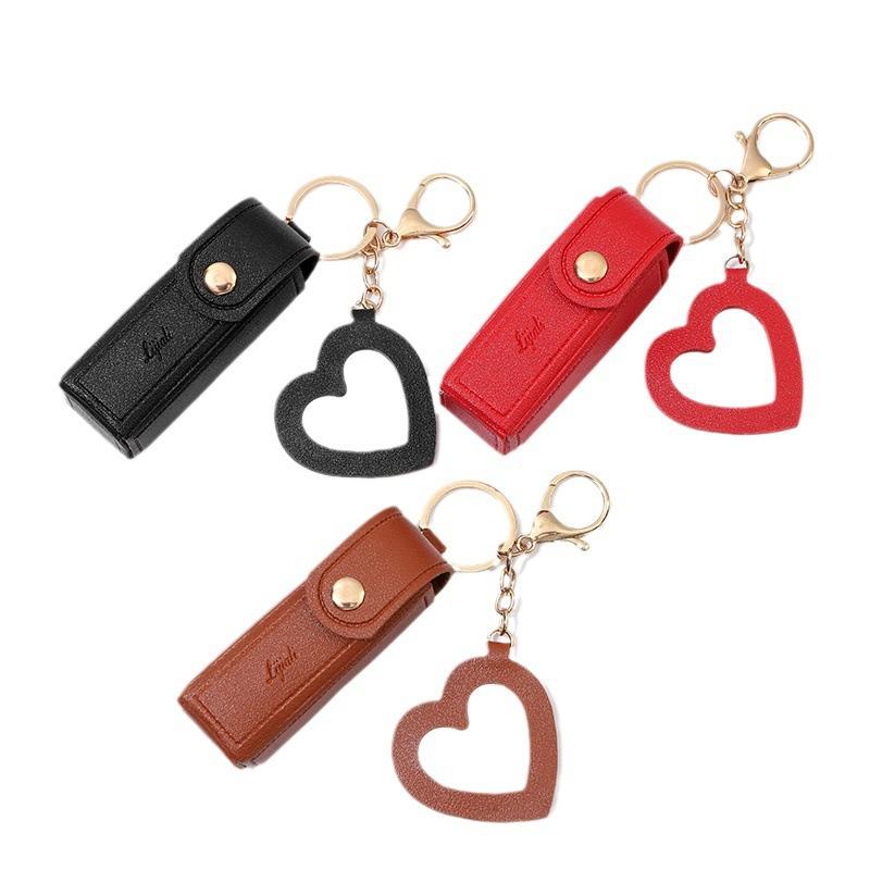 1pc Lipstick Bags Portable Keychain Solid Wallet Mini With Mirror Leather Protective Cover