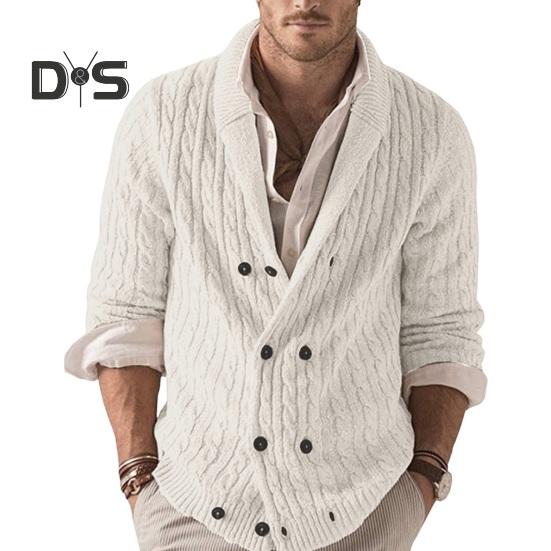 Осень-зима мужской свитер двубортный с пуговицами и лацканами, длинные рукава, скрученная фактура, однотонное толстое эластичное трикотажное пальто