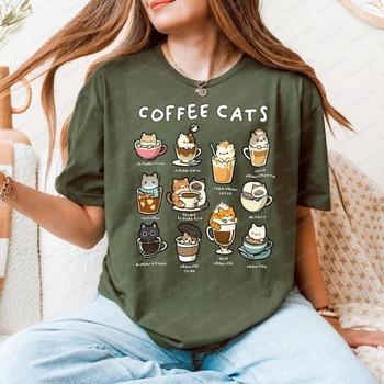 Футболка "Кофе Коты" Смешные Подарки Кошкам для Бариста Каламбур Кавайные Котята Футболка