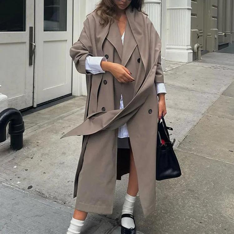 European & American Women's Long-Sleeved Windbreaker - Mid-Length, High-End, Loose Fit with Pockets - Autumn/Winter Collection