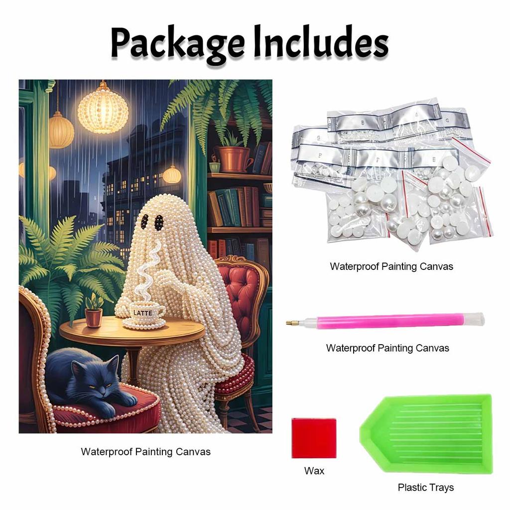 Halloween pearl painting art full pearl handmade diy home decorations ghost drinking coffee with cat cozy rainy cafe scene