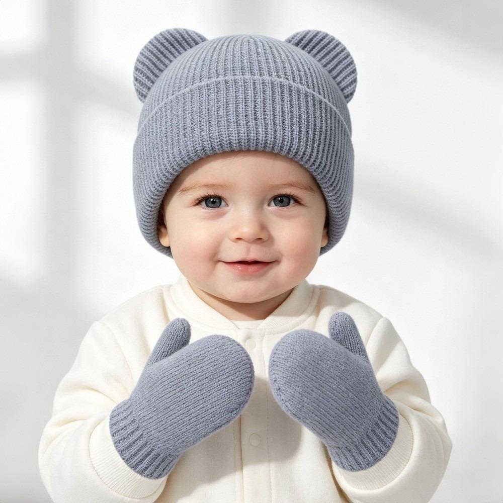 Solid Color Baby Knitted Hat Winter Baby Hat Glove Set Cute Kids Pullover Hats Kids