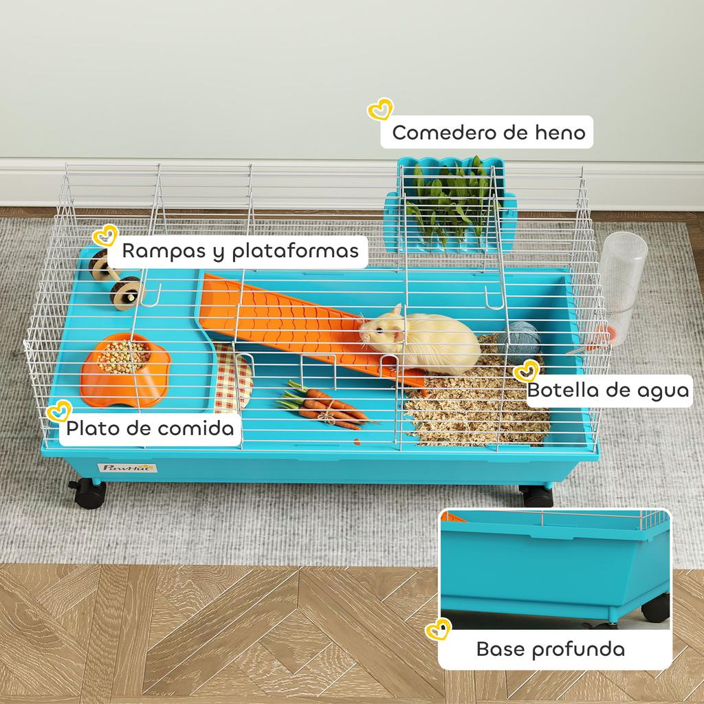 Small Animal Cage with Wheels, Bottle Feeder, Hay Dispenser for Rabbits and Guinea Pigs, 89x44x43 cm, Blue