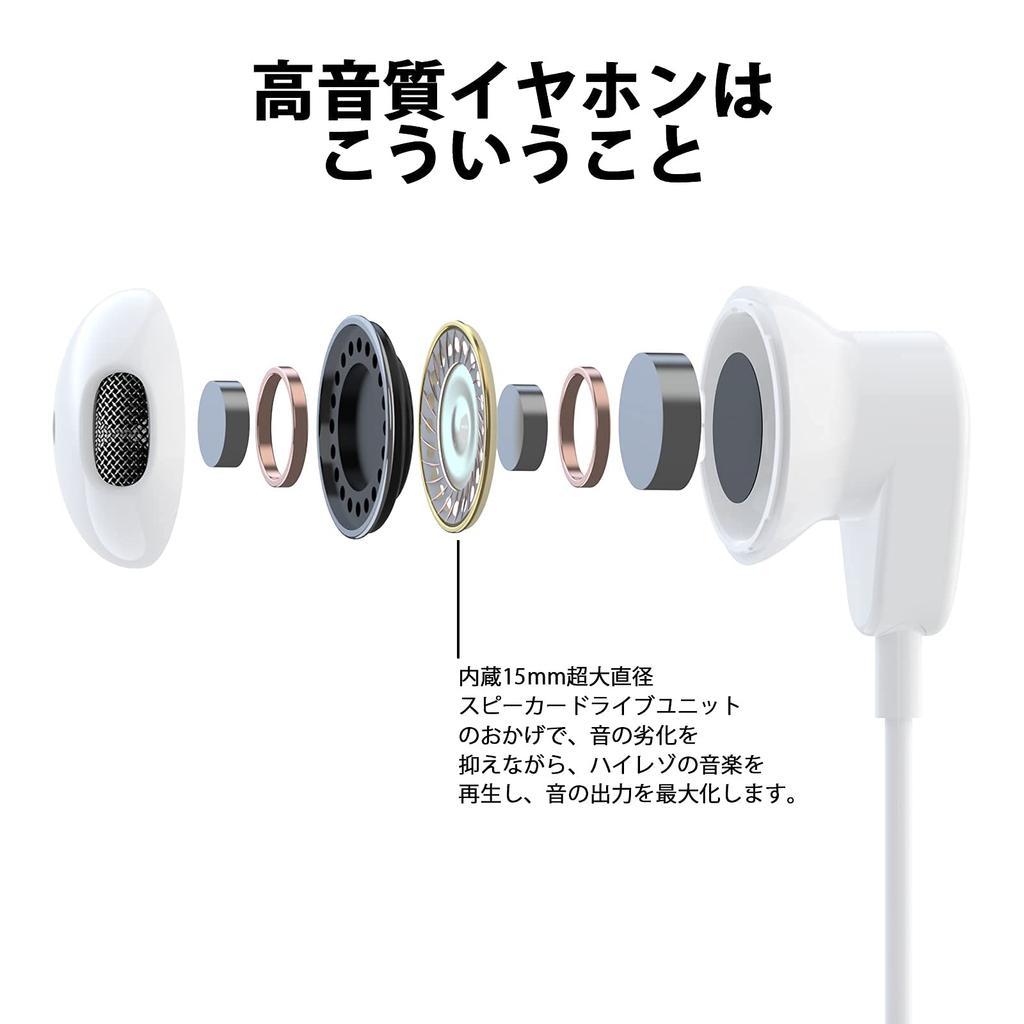 Wired Earphones with Volume Noise Compatible with iPhone OPPO Reno9 AQUOS sense Wish Xiaomi Android Web and White Microphone, 3.5mm Jack, In-Ear