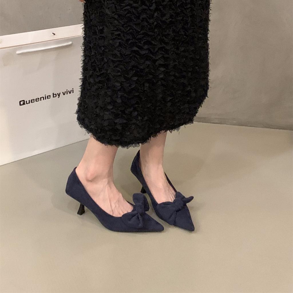 Niche French Black High Heels Women's Shoes 2025 New Spring and Autumn Temperament Suede Bow Pointed Single Shoes