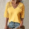 Women's T-shirt Summer Loose Casual V-neck Lace Hollow Five-point Sleeve T-shirt Women's Tops