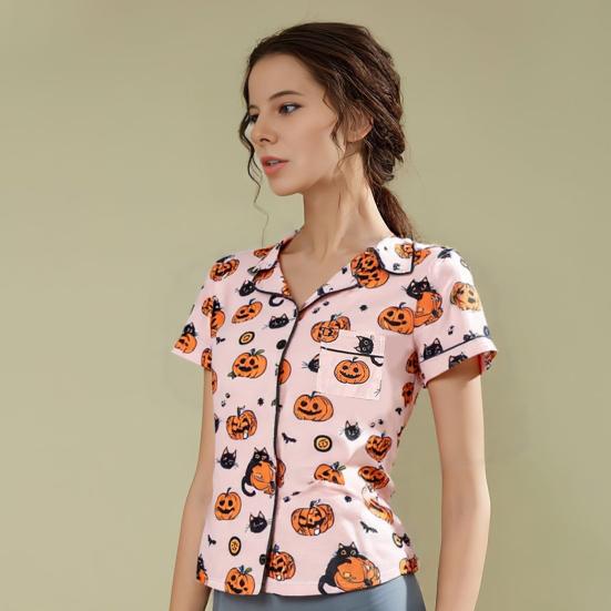 Комплекты пижам на Хэллоуин для женщин, рубашка с коротким рукавом на пуговицах, 2 предмета, одежда для сна, рубашка с принтом тыквы и шорты, пижама, домашний комплект
