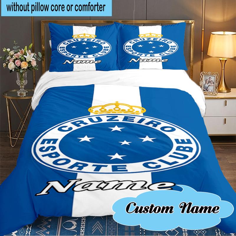 Custom Name Cruzeiro FC Crest Bedding Set 3pcs, Bedding Set Including 1pc Duvet Cover And 2pcs Pillowcases for Bedroom, Dormitory Gift
