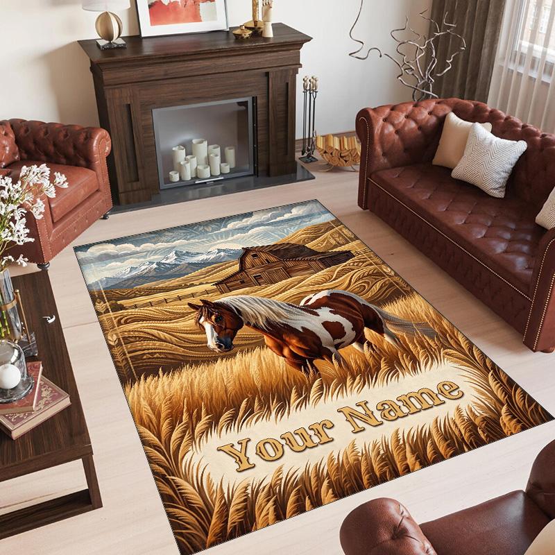 Horse Theme Crystal Velvet Floor Rug Personalized Custom Name Text Warm Carpet Home Decoration