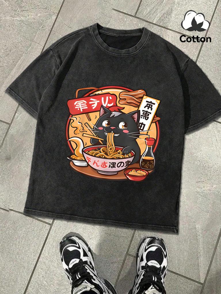 Cat Enjoying Delicious Lamian Noodles Retro Men TShirt Trendy ONeck Tee Fashion Clothing Unisex Cotton Loose Short Sleeve