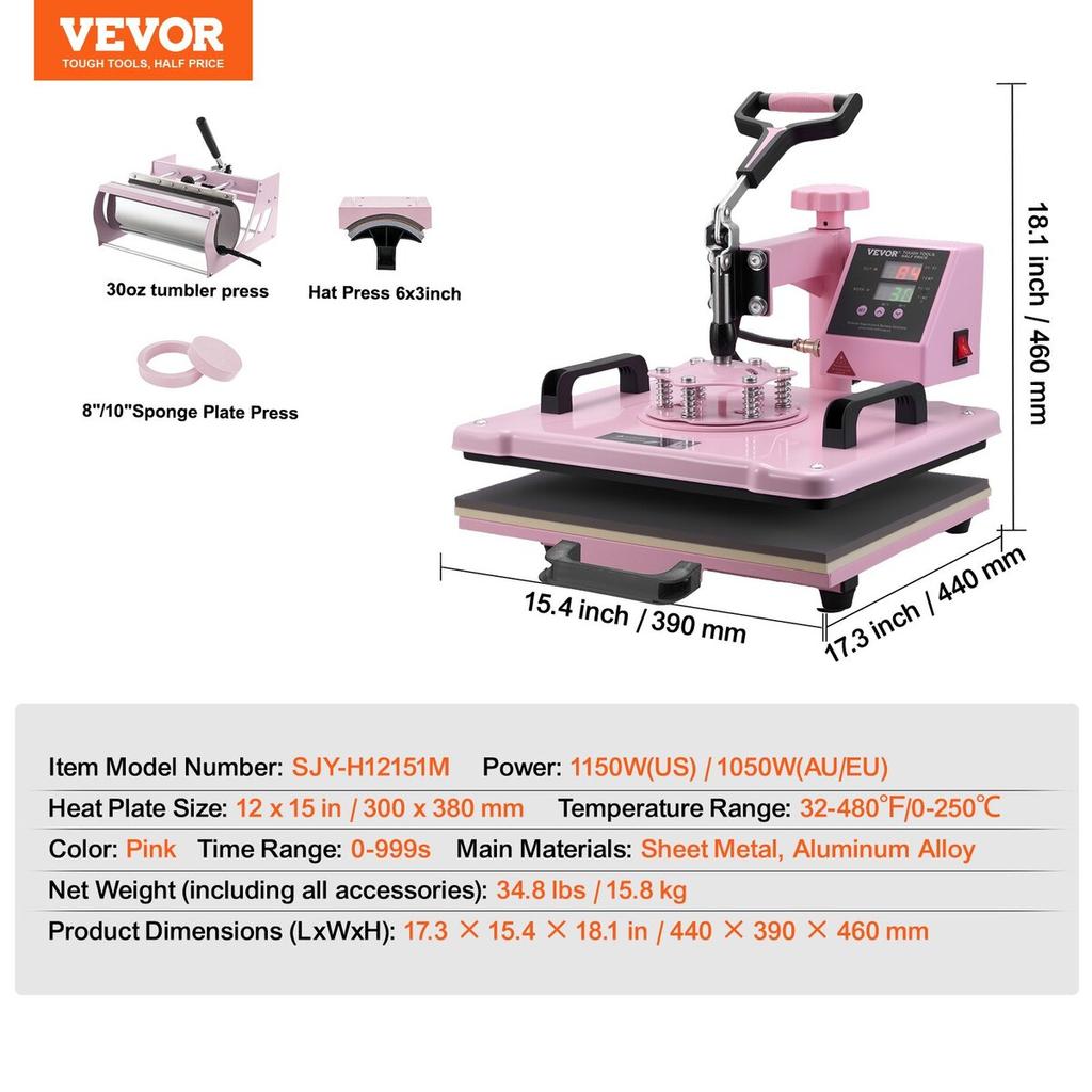 Heat Press Machine 12x15 in 5 in 1 with 30oz Tumbler Press T-Shirts Pink