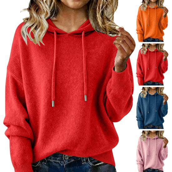 Женский свитер с регулируемым шнурком, вязаный пуловер с капюшоном, топ с длинным рукавом, однотонный, свободный крой, уютный, теплый, для осени и зимы, вязаная толстовка