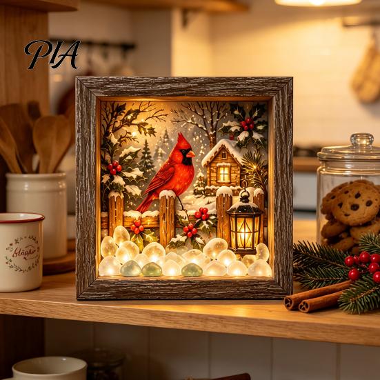 Bedside Ambient Light Christmas Sea Glass Shadow Box Night Light, 3D Winter Snow Scene Wooden Retro Style Wall Decor Art Frame with LED Warm