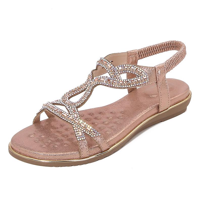 2024 Новые модные босоножки в богемном этническом стиле с цветочным принтом и стразами, удобные универсальные женские туфли с открытым носком