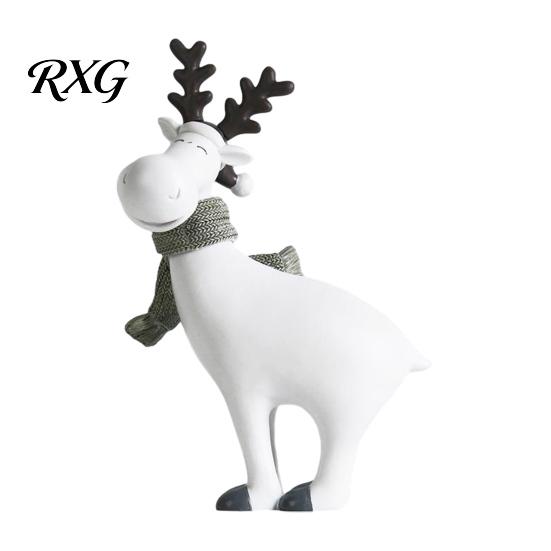 Whimsical Animal Figurines Nordic Minimalist Resin Reindeer Figurine with Knitted Scarf, Cute Healing Deer Statue, Matte White Boho Home Table