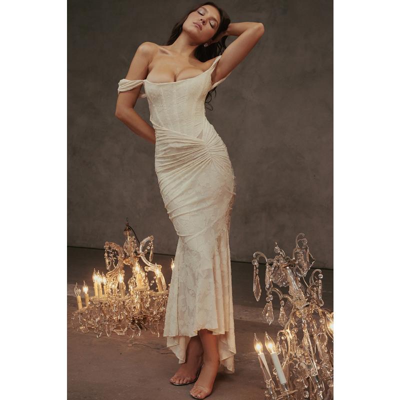 Off Shoulder Textured Jacquard Ruched Corset Mermaid Dress Stretch Slim Fit Asymmetrical Hem Elegant Evening Cocktail Wedding Guest Formal Party Gown