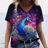Summer Casual Beautiful Peacock Print Women Elegant Loose Casual V-neck Short Sleeved Shirt T-Shirts Women’s