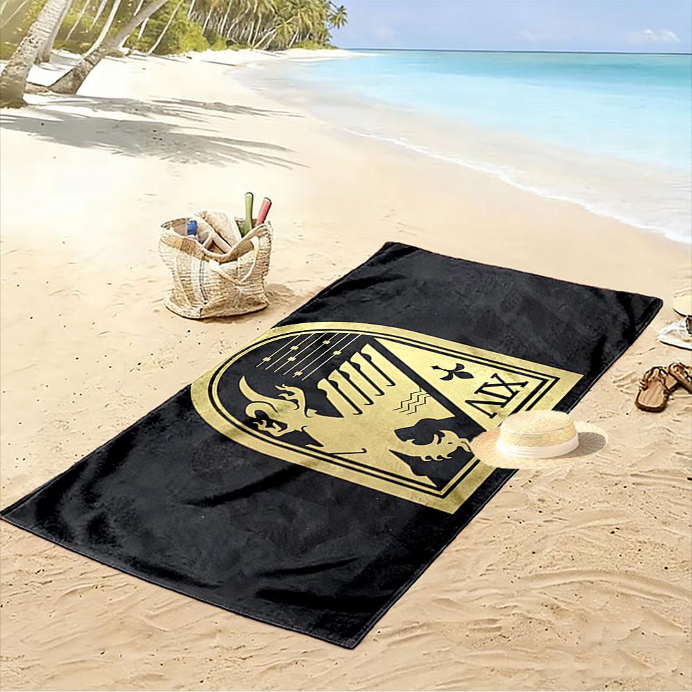 Large Beach Towel with Black and Gold Shield Crest Emblem, Quick Dry, Soft and Absorbent, for Beach Pool Travel Gift