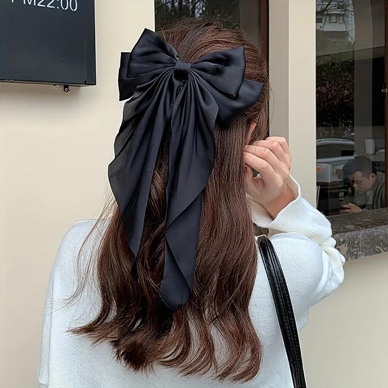 Women Large Bow Hairpin Elegant Long Ribbon Bow Hair Pins Fashion Simple Hair Clip Back Head Clips Half Tied Hair Accessories