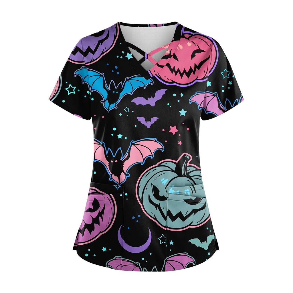 Плюс размерСкраб с принтом Рабочая форма Топы для женщин Крест V-образным вырезом Хэллоуин Принт с короткими рукавами Забавные футболки Спецодежда Футболка с карманами